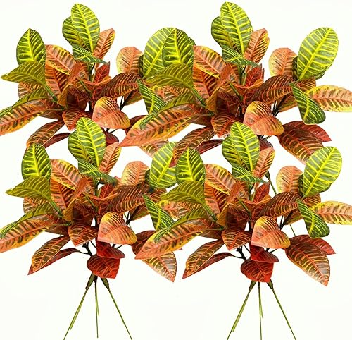 Ramas de hojas artificiales de Croton de 14.5 pulgadas, tallos de arbusto de plantas tropicales realistas para decoración del hogar y la oficina