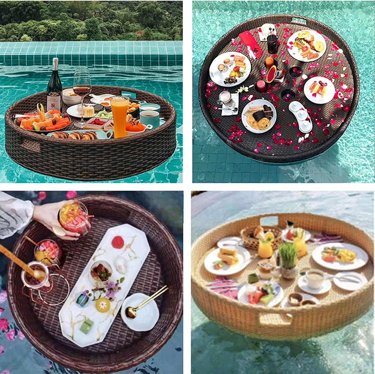 TAHALI Plateau Flottant Piscine Rotin, Flottant Rotin, Piscine Plateaux Flottants dans La Piscine pour Servir des Boissons, Un Brunch Et De La Nourriture sur l'eau,60 * 60 * 20-coffeecolor