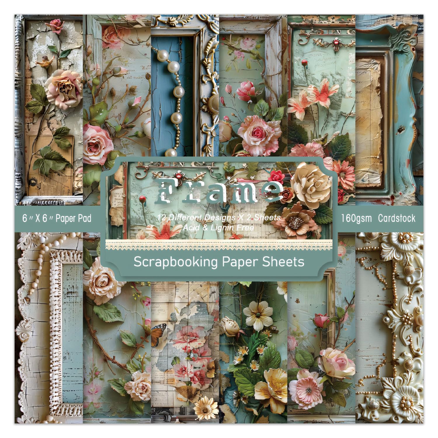 6 x 6 In Scrapbook Paper Pad Cardstock,24 Sheets Garden Pattern Design Floral Decorative Decoupage for Photo Album Card Making Folded Supplies Gift