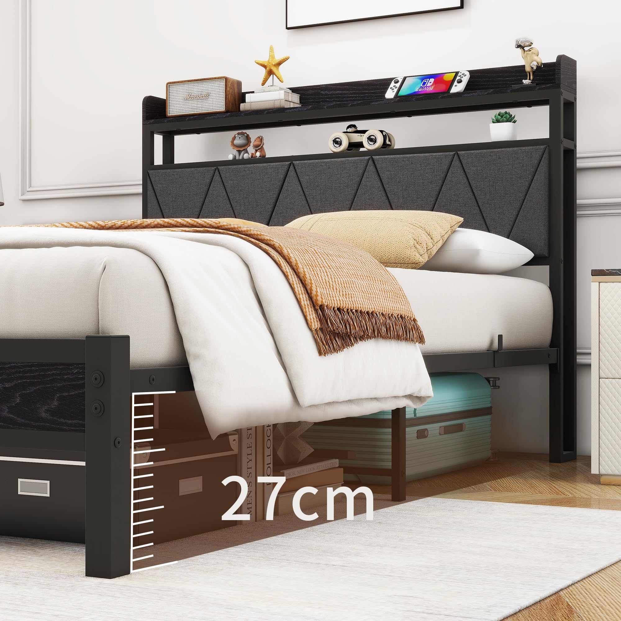 Estructura de cama tapizada de 120 x 200 cm, marco de cama doble con LED y estación de carga, marco de cama con espacio de almacenamiento, cama juvenil, cama de invitados con cabecero