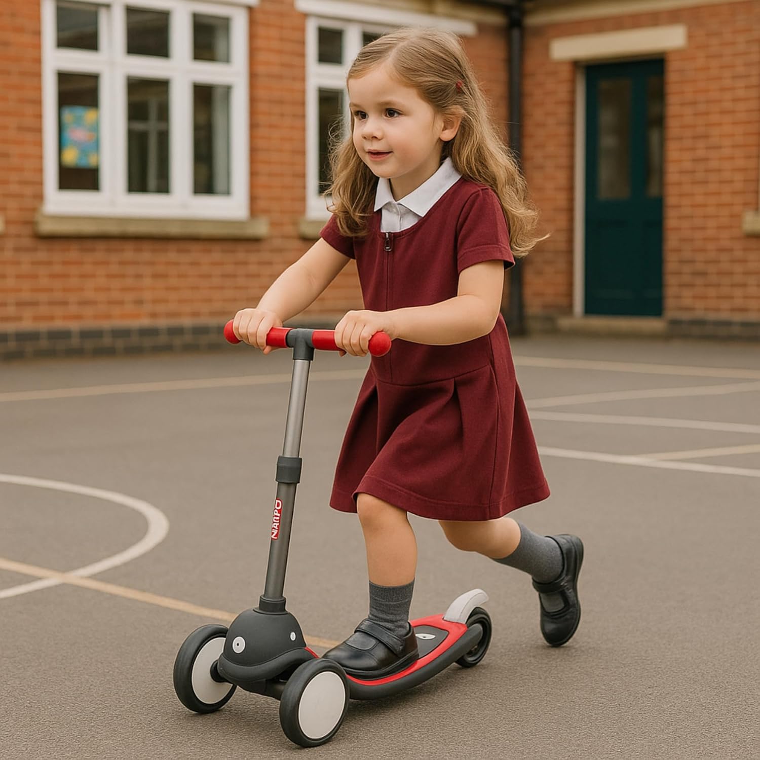 Girl riding a Qplay Mika scooter in a schoolyard.