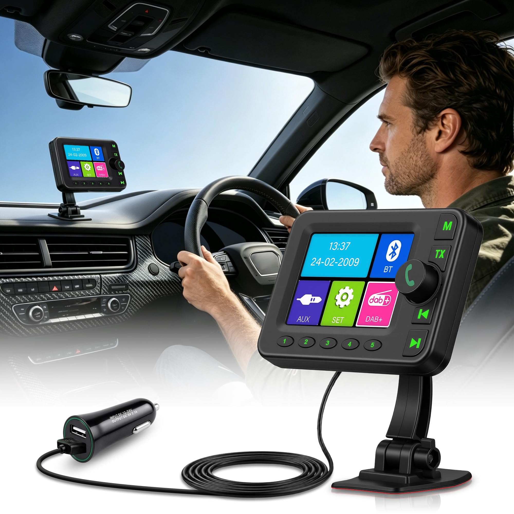 Rimoody Adattatore Radio DAB/DAB+ per Autoradio e Trasmettitore FM Bluetooth, Adattatore DAB Scansione Auto, Ricevitore DAB Autoradio con Display 2,8 Pollici, AUX in/out Caricabatterie da Auto