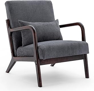 Mid Century Modern Accent Chair, Arm Chair Living Room Chairs with Lumbar Pillow Upholstered Lounge Reading Chair with Solid Wood Frame & Corduroy Fabrics for Living Room Bedroom (Dark Grey)