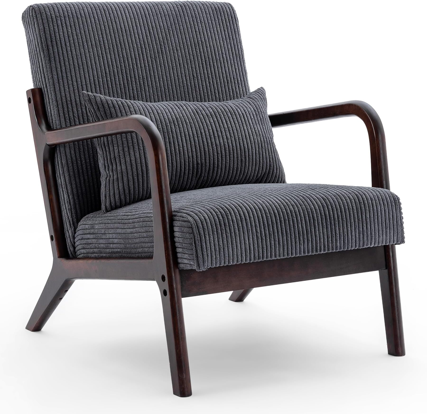 Mid Century Modern Accent Chair, Arm Chair Living Room Chairs with Lumbar Pillow Upholstered Lounge Reading Chair with Solid Wood Frame & Corduroy Fabrics for Living Room Bedroom (Dark Grey)