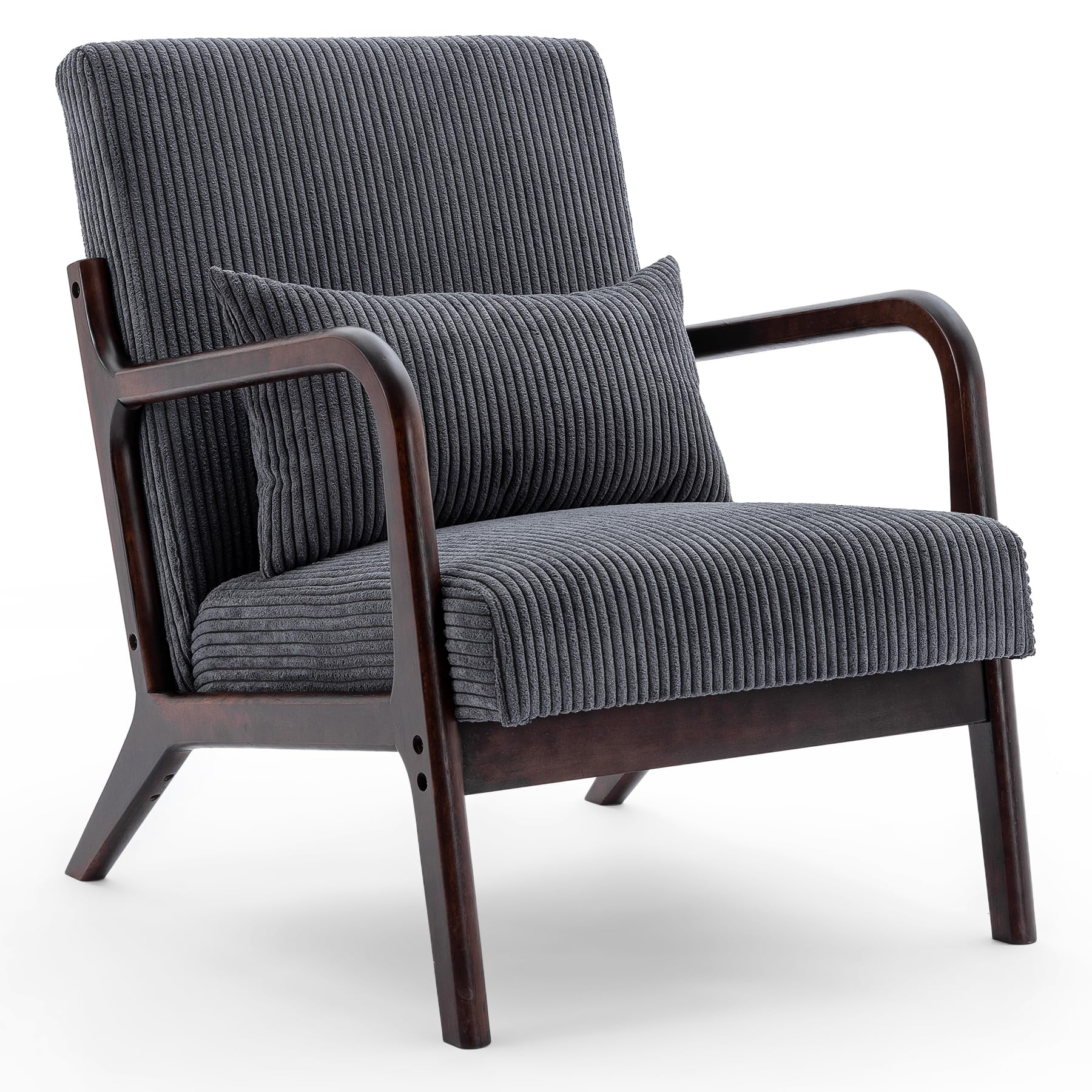 Mid Century Modern Accent Chair, Arm Chair Living Room Chairs with Lumbar Pillow Upholstered Lounge Reading Chair with Solid Wood Frame & Corduroy Fabrics for Living Room Bedroom (Dark Grey)