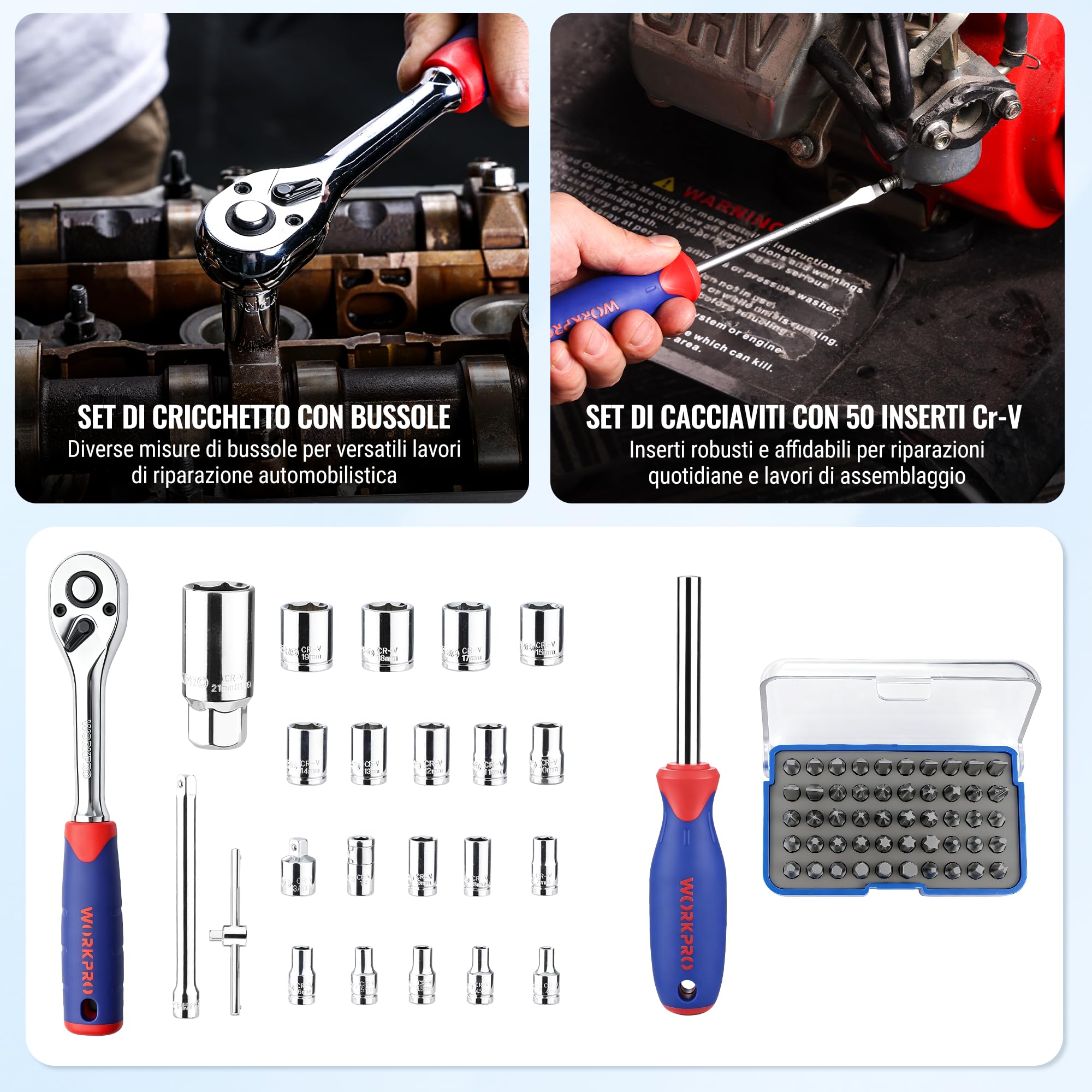 WORKPRO Cassetta Attrezzi da Lavoro Completa 119 Pezzi, Set di Attrezzi, Valigia Porta Utensili, Set Strumenti per Fai da Te