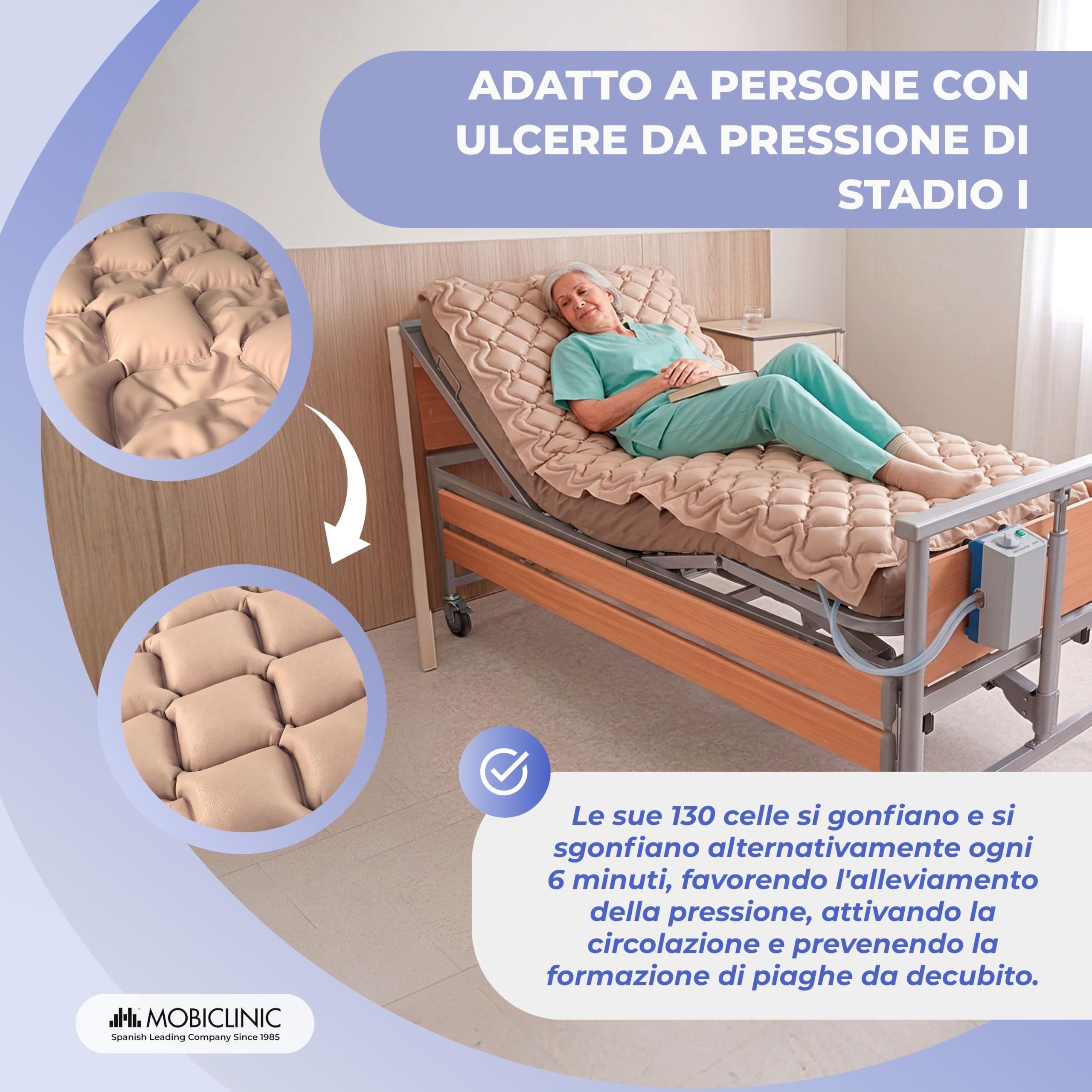 Mobiclinic®, Materasso Antidecubito ad Aria Alternata | Compressore Silenzioso (33-34 dB), 200 x 90 cm, Fino a 135 kg, Grado I, 130 Celle, PVC Medico Ignifugo, Beige, Mobi 1