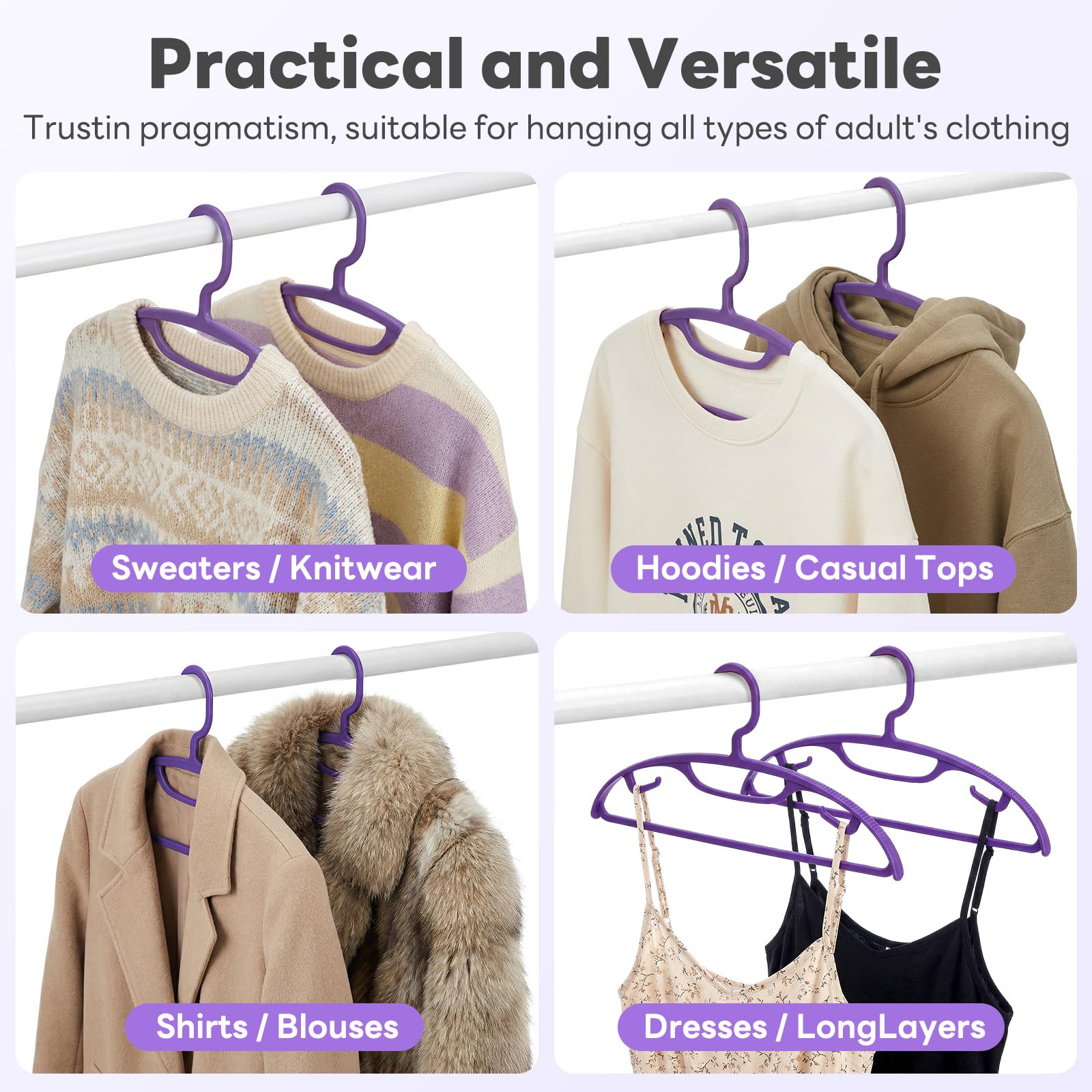 House Day Kunststoff-Kleiderbügel, 24 Stück, Pullover-Kleiderbügel, Keine Schulterstoß, Dicker, robuster Kleiderbügel für Schrank, violett, breiter Kleiderbügel mit rutschfestem Haken für Pullover | Dicke, schulterfreie Kleiderbügel für Pullover, Mäntel,