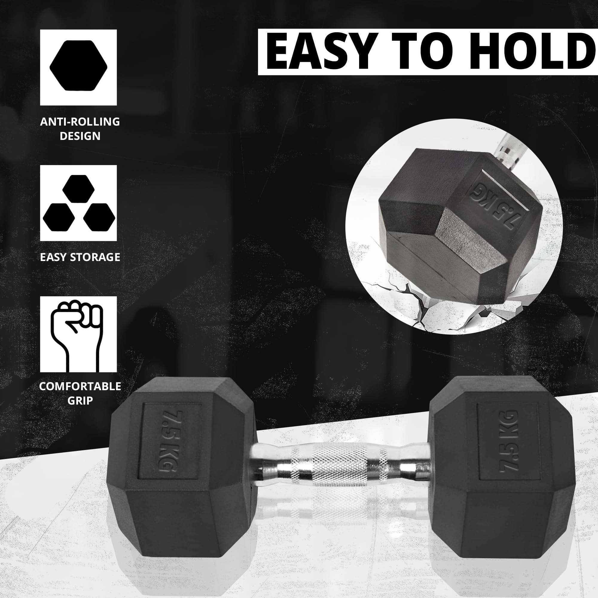 MAXSTRENGTH Set di manubri esagonali da 7,5 kg, 10 kg, 15 kg, singoli o paio, in gomma sintetica con rivestimento in ghisa, per allenamento della forza in casa o in palestra