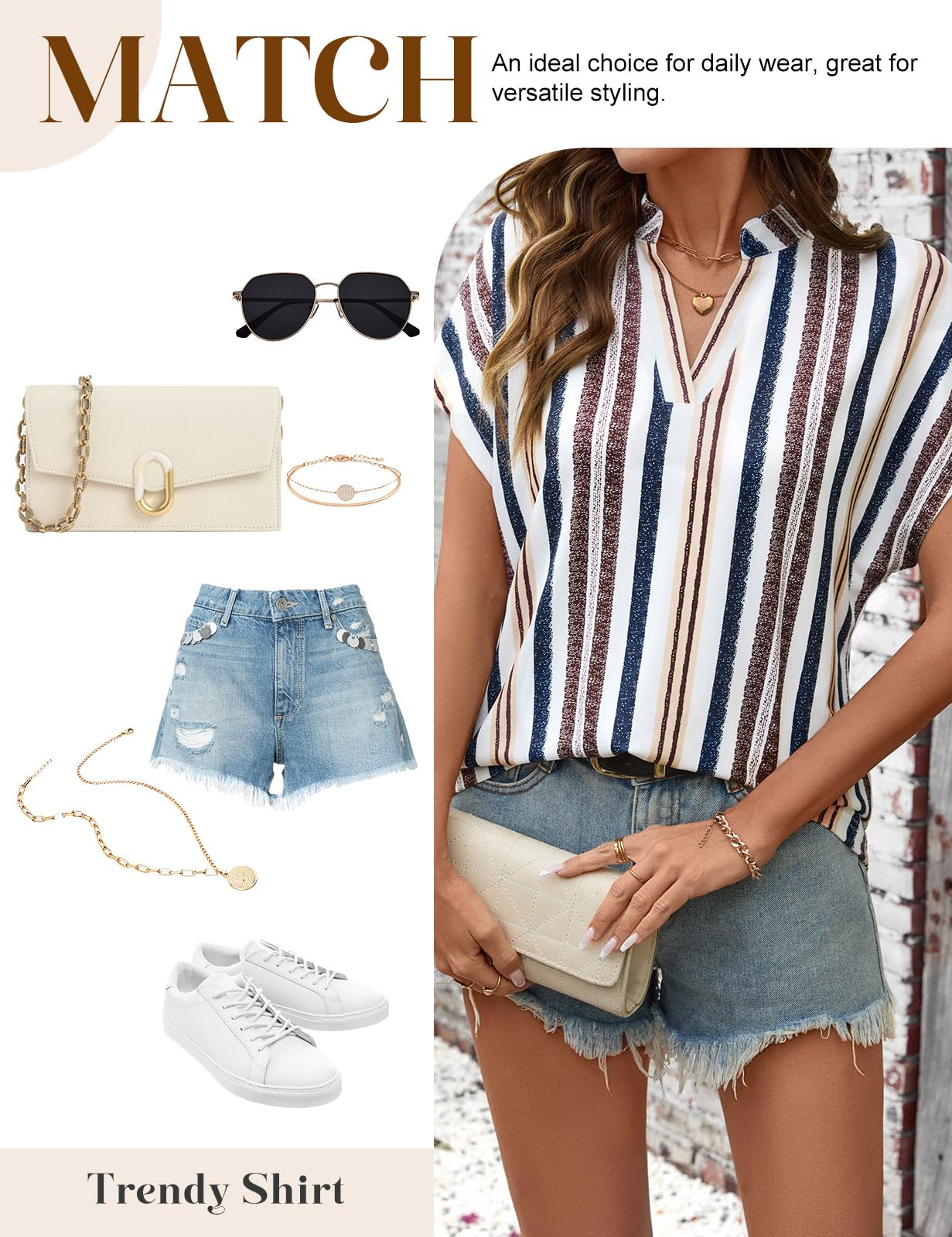 HEEKPEK Chemisier Femme Été Blouse Chic et Élégant Chemise Col V Rayée à Manche Courte Décontracté Ample Haut D'été T-Shirts Tunique Tops
