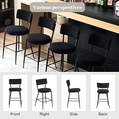 Miniatura 6 de Juego de 2 taburetes de bar tapizados de tela de peluche con respaldo, sillas de bar de comedor tapizadas modernas con patas de metal y reposapiés