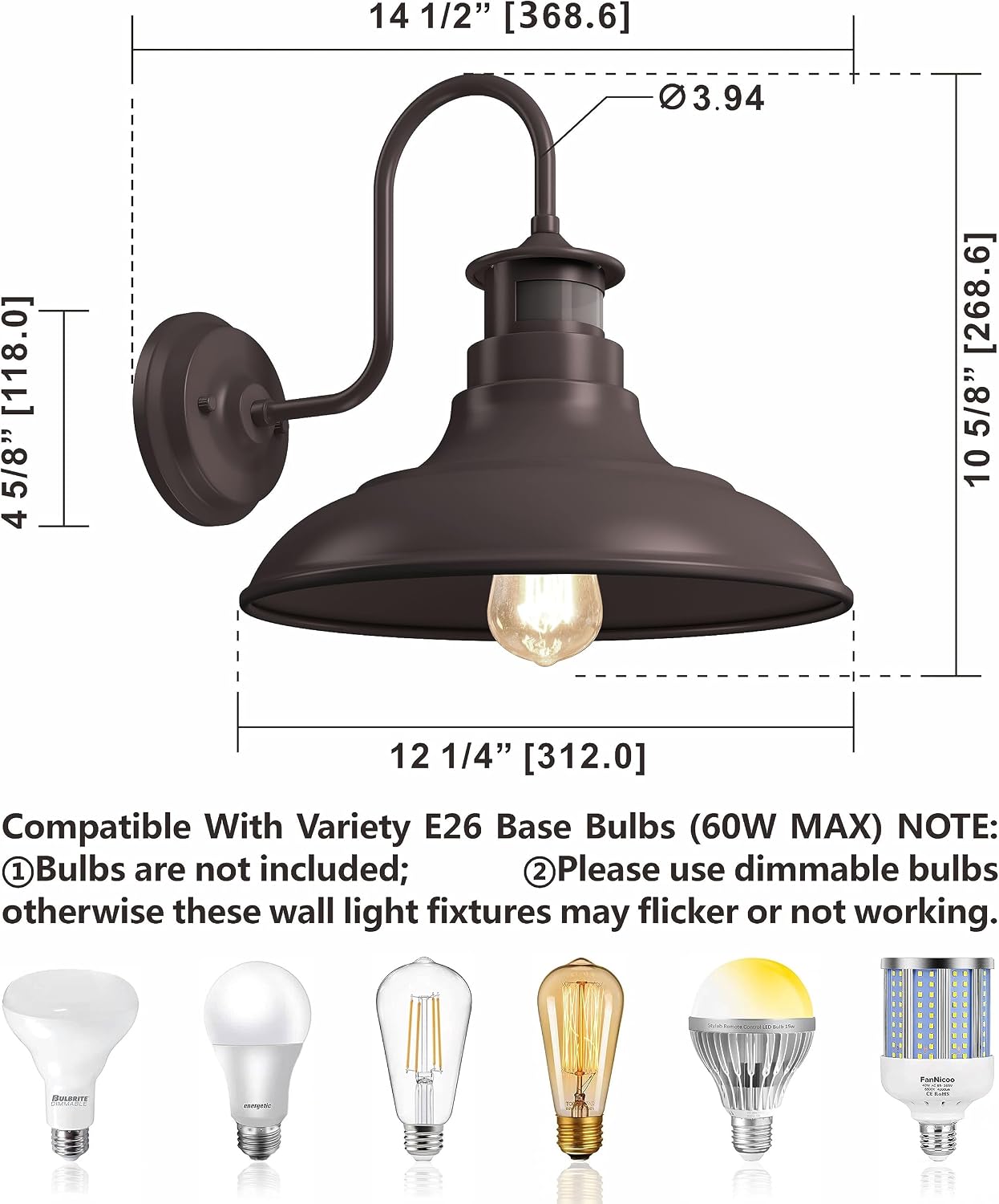 2-Pack Gooseneck Wall Sconce Barn Lights,14Inch Dusk to Dawn Motion Sensor Farmhouse Outdoor Wall Mount Lighting Fixtures,3-Mode Exterior Porch Lanterns,Brown Rustic Outside Wall Lamp for Patio Garage