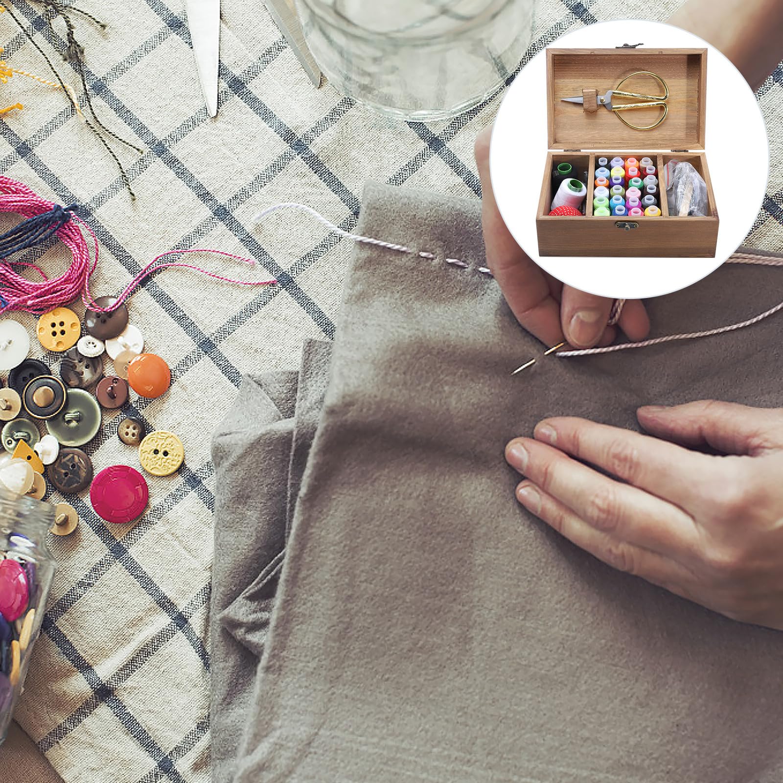 Kit de Costura y Hogar a Mano Caja de Almacenamiento de Madera Retro Gran Capacidad Materiales Ecológicos para DIY