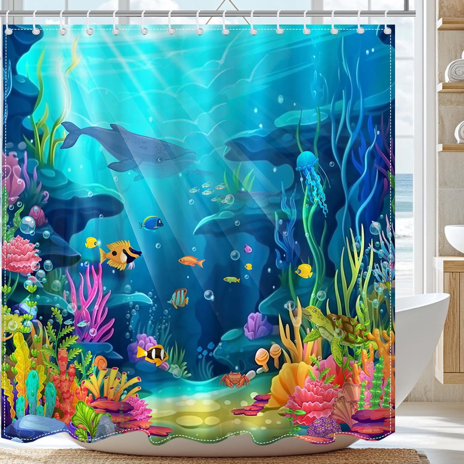 Avezano Ocean Shower Curtain Underwater World Kids Bathroom Shower Curtain Summer Sea Fish Waterproof Fabric Shower Curtains Bathtub Decor with 12 Hooks 72 X 72 Inches
