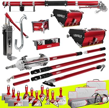 Full Taping/Finishing Set, High Capacity Boxes + Ext. Handles - LEVEL5 | Auto Taper, 7/10" MEGA Boxes, 3 Angle Head, MiniShot, Corner Roller, Ext. Handles, Pump, Gooseneck | 4-671