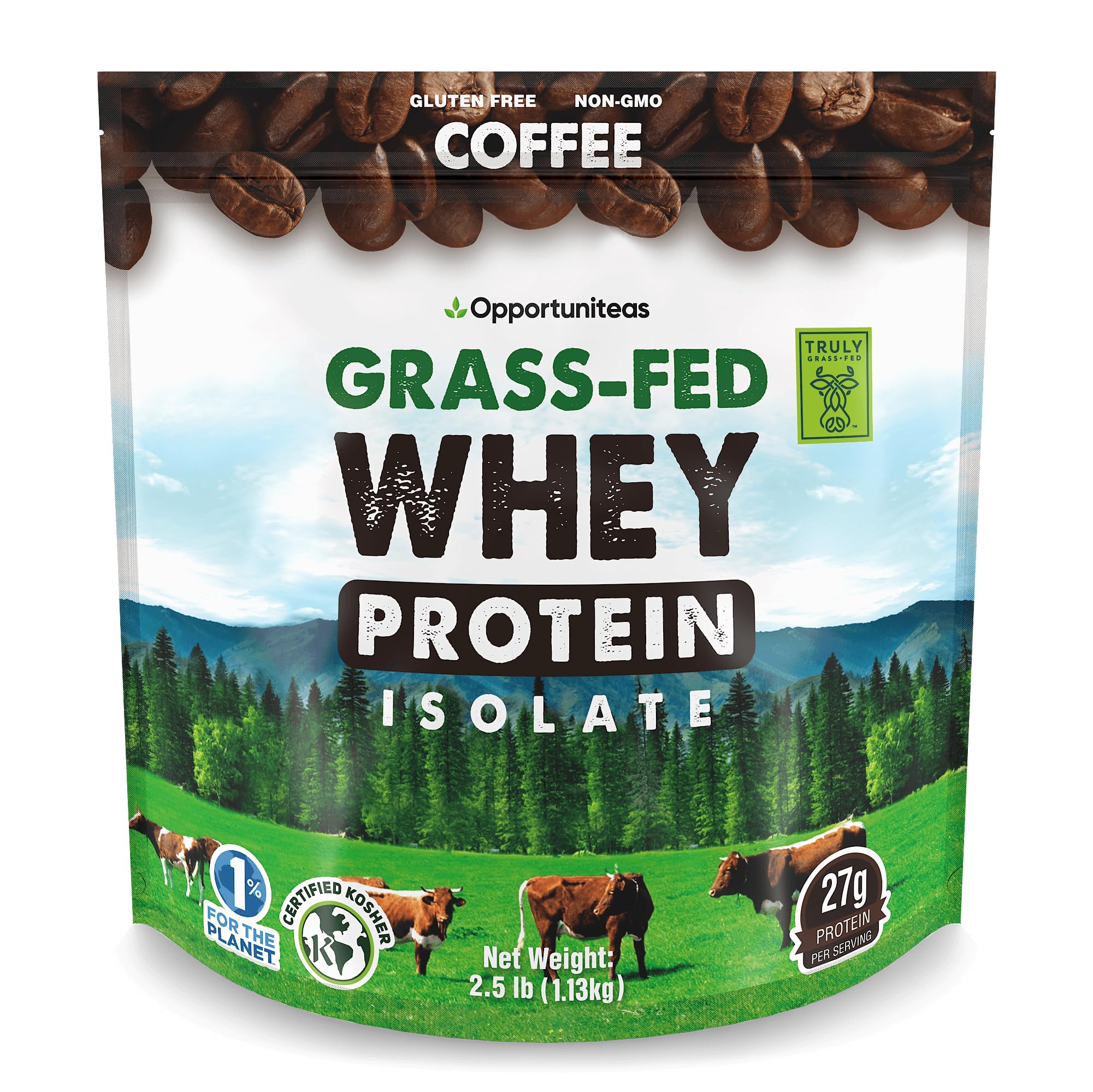 Opportuniteas Grass Fed Coffee Whey Isolate Protein Powder – 27 g Protein per Serving, Heavy-Metal Tested, Made with Real Colombian Coffee, Non-GMO, Hormone-Free, Sourced from Ireland, 2.5 lb
