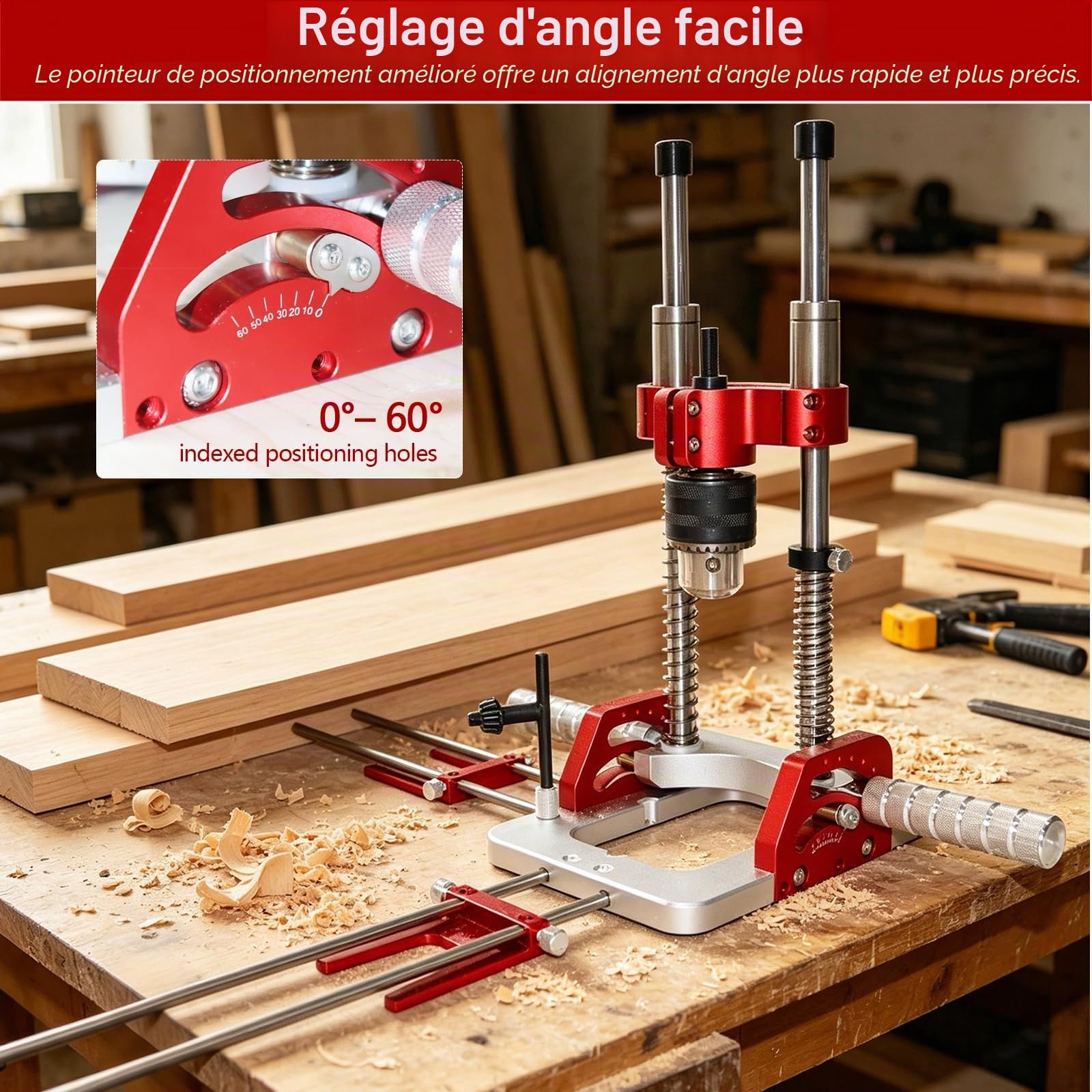 Support de Perceuse Upgrade avec Mandrin, Guide d'Angle 0–60° pour Perceuses Portatives, Auto-Centrant, Capacité de Serrage 1,5–13 mm, avec Indicateur à Aiguille, Paliers Lisses en Laiton