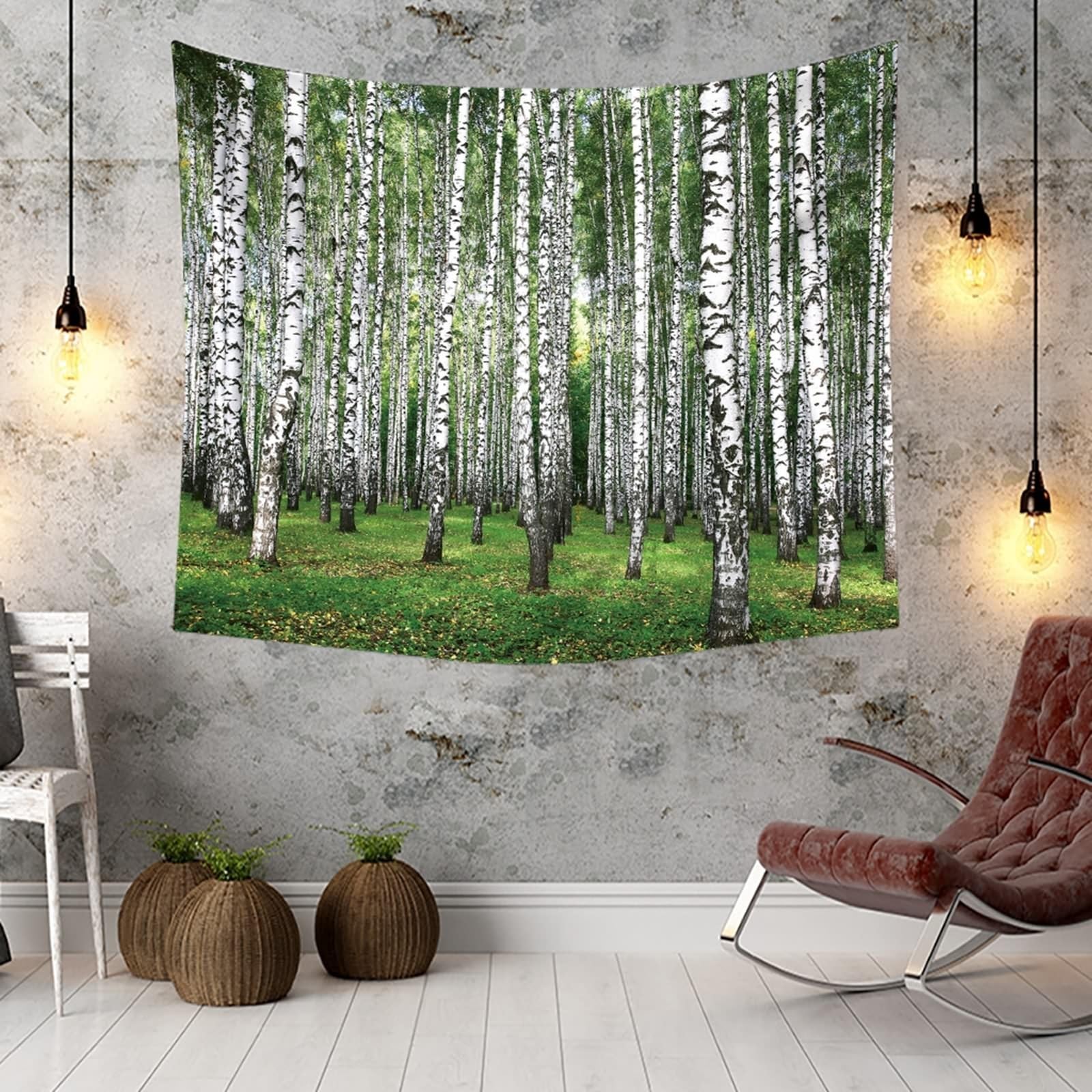 Wystrój salonu estetyczne dekoracje pokoju białe drzewa zielona mikrofibra szer. 240 cm x wys. 240 x 220 cm