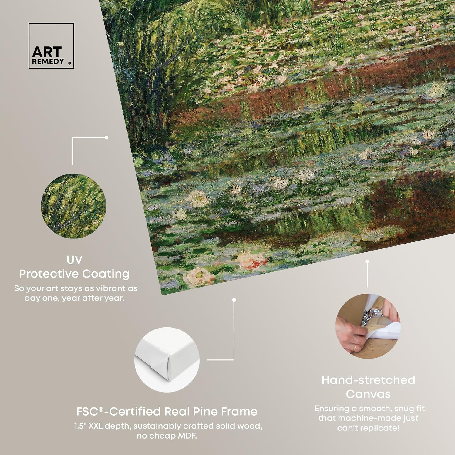 Condition photo showing New/Like New for art remedy monet - the japanese footbridge and the water lily pool giverny gallery wrapped impressionism 1 piece canvas wall art/monet and van gogh inspired art, 16" x 16", gallery wrapped gallery wrapped 16"l x 16"w