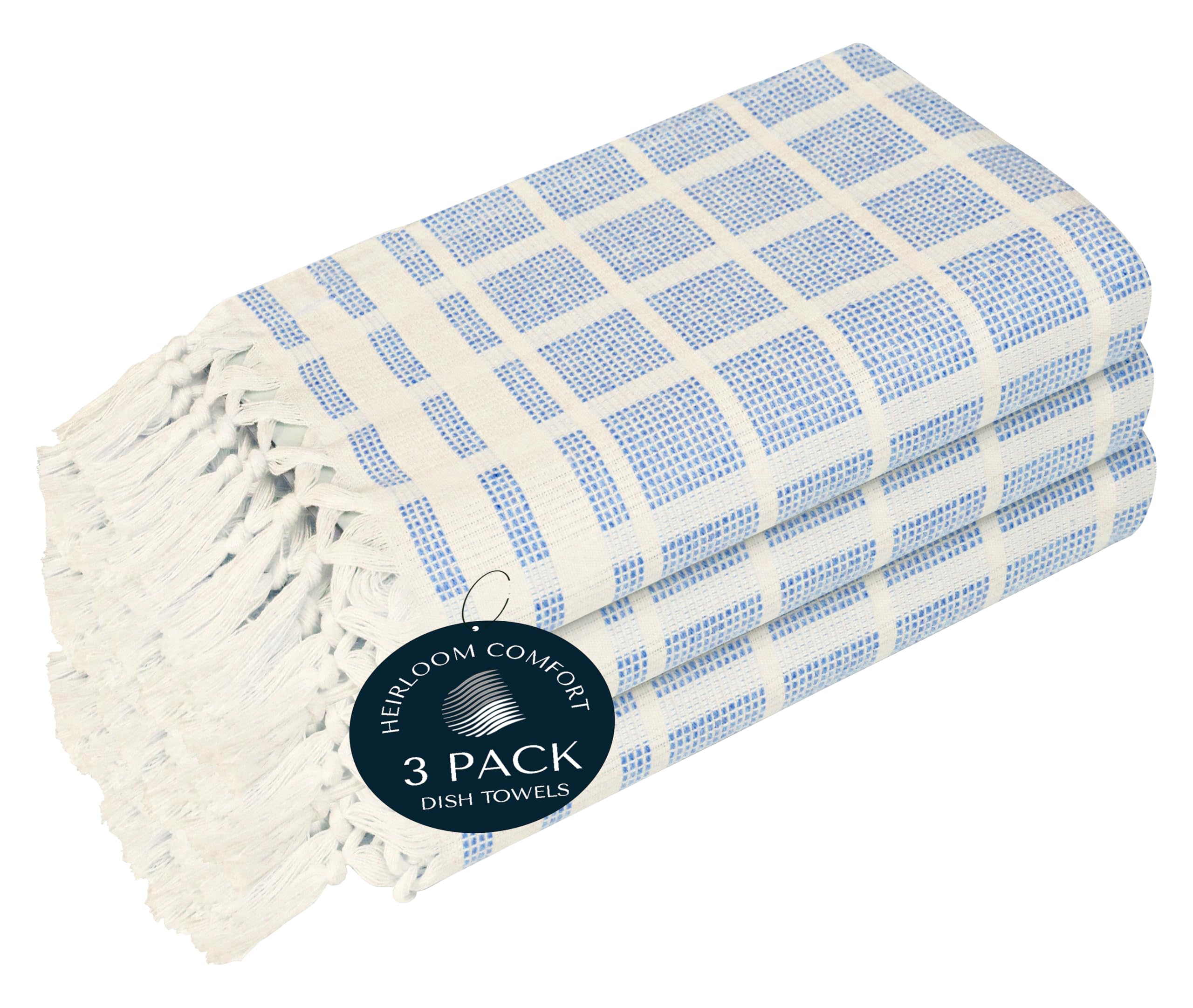 HEIRLOOM COMFORT Sky Blue and White Dotted Matrix Kitchen Towels 12 Pack, 100% Cotton, 40x66 cm, Tassel Edged Dish Towels, Reusable, Soft, Quick Drying, Great for Drying Dishes