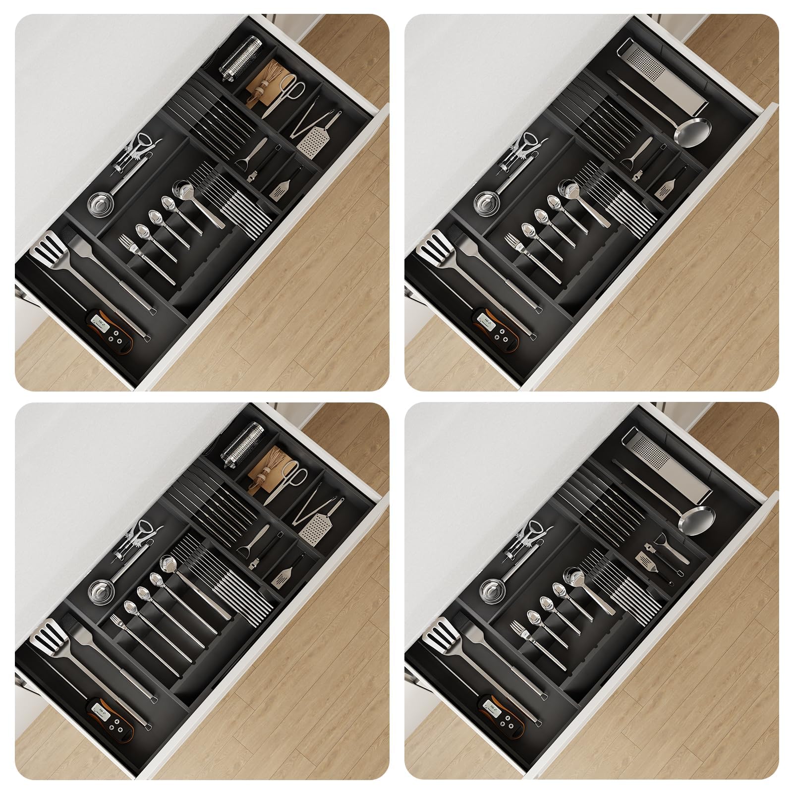 Organizador grande de cajones de utensilios, organizadores de cubiertos de bambú expandibles para cajones de cocina, organizador de cajones multiusos con bandeja ajustable para cuchillos de