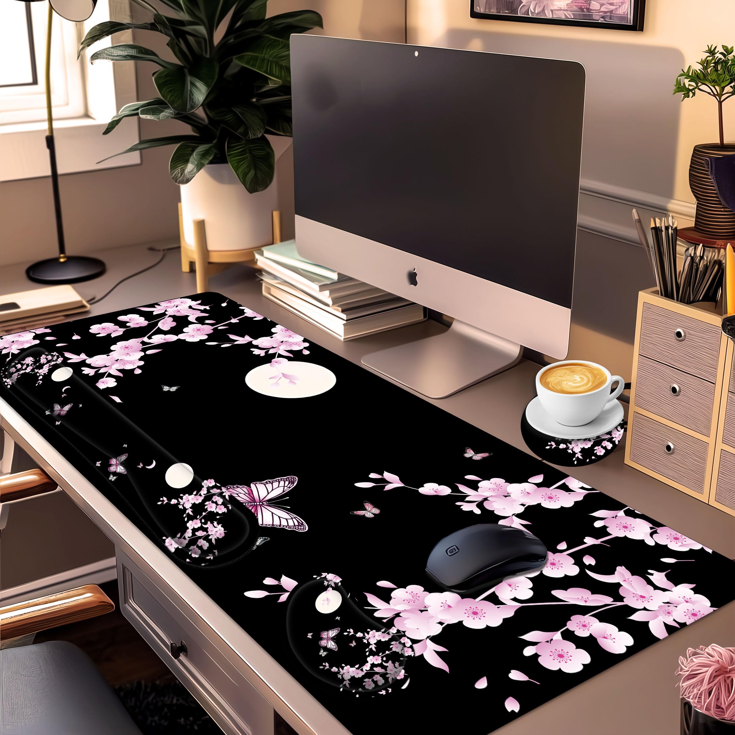Großes Gaming-Mauspad-Set mit Tastatur-Handgelenkauflage, Handgelenkstütze und Untersetzer, Memory-Schaum, glatte Schreibtischunterlage für Zuhause, Büro, Schule, Kirschblütenmond