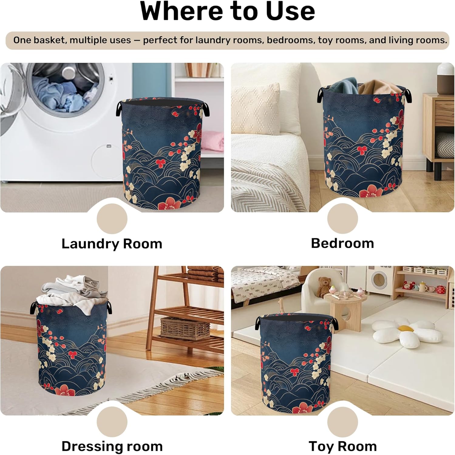 Japanese Cherry Blossom Laundry Basket, Blue Large Clothes Hamper Bag with Handles, Space Saving Foldable Design for Nursery
