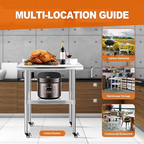 Miniatura 7 de Sapodilla NSF Mesas de trabajo de acero inoxidable con ruedas, 24 x 24 pulgadas, mesas comerciales resistentes con placa trasera y estante inferior