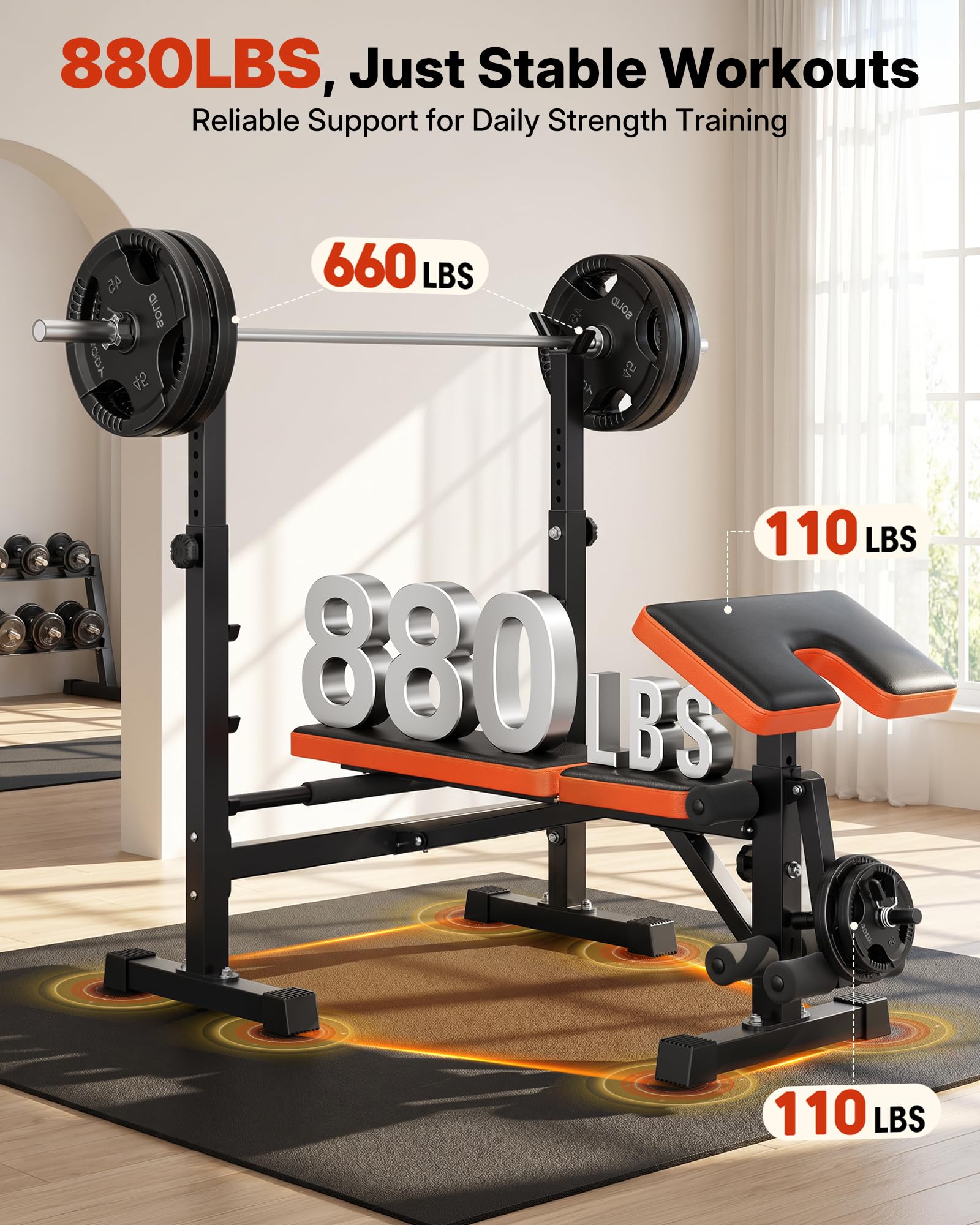 YOLEO Beginner Weight Bench Set, Adjustable Foldable Bench Press with Rack | 6 In 1 Beginner-friendly Setup, FID Adjust, Fits 5-6 ft Olympic Bars