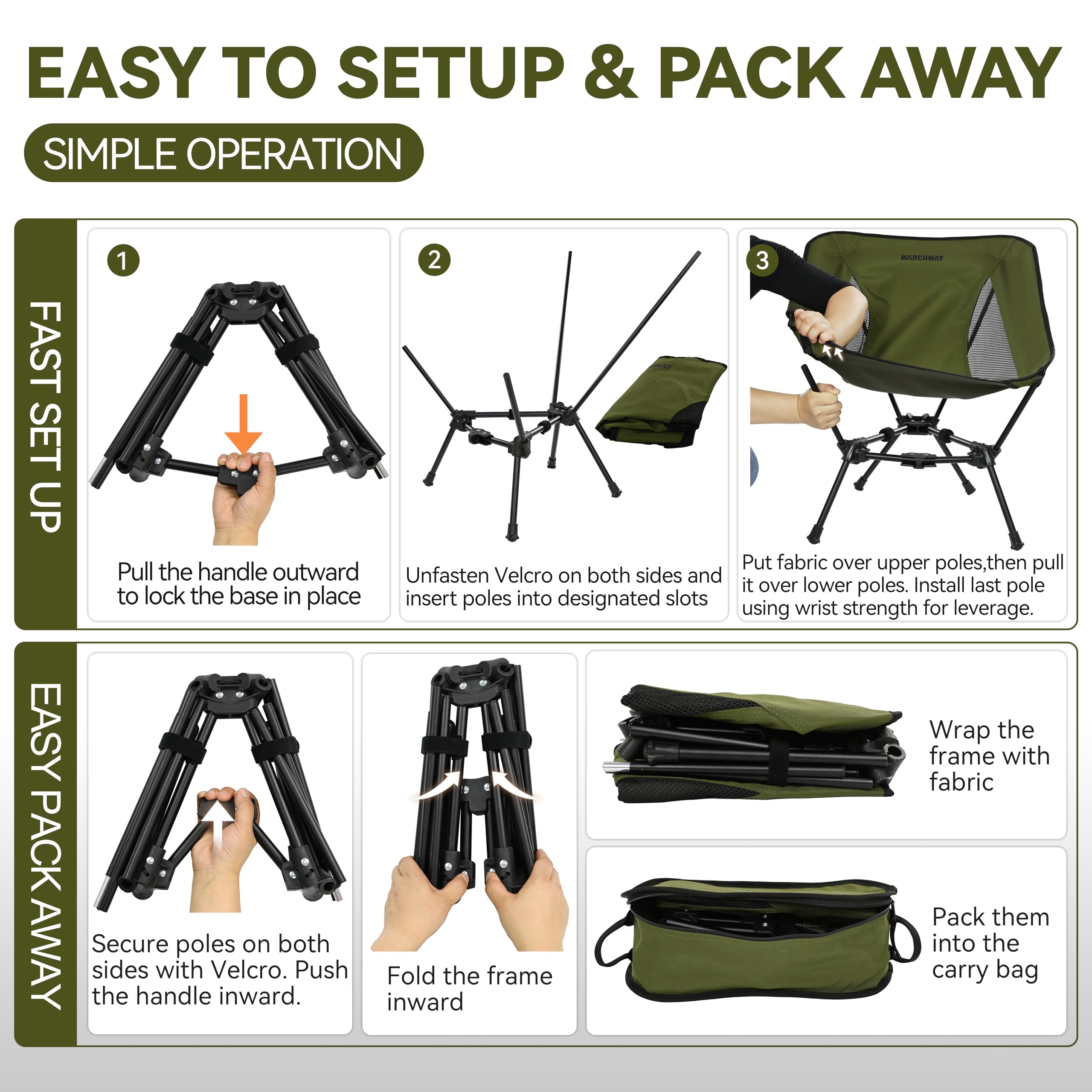 MARCHWAY Silla de camping plegable ligera, estable y portátil compacta para campamento al aire libre, viajes, playa, picnic, festival, senderismo, mochilero, soporta 330 libras (verde)