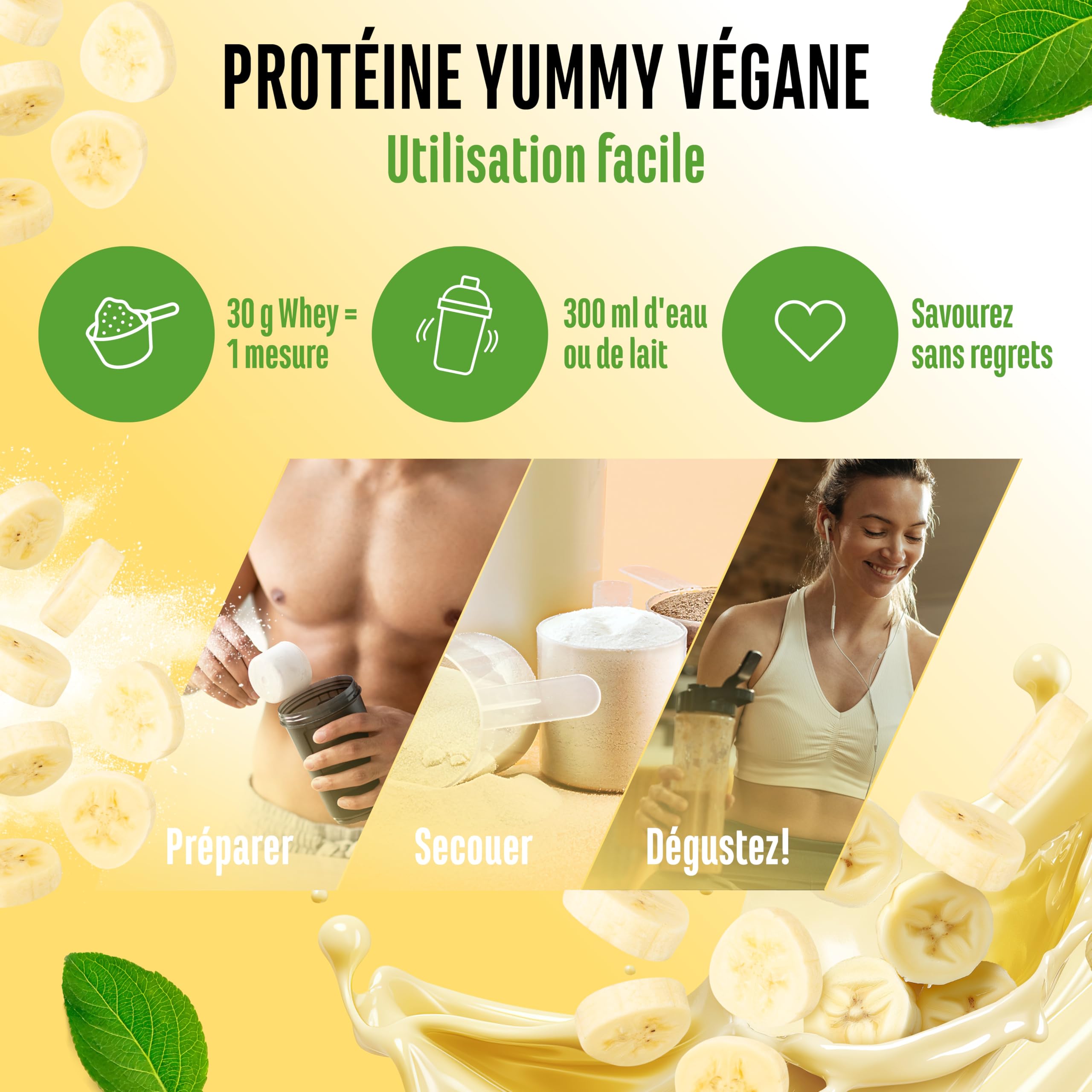 Yummy Vegan Protein Banana Milkshake – Shake protéiné végétal avec 24,8 g de protéines par portion à base d’isolat de fève avec BCAA et acides aminés – 908 g