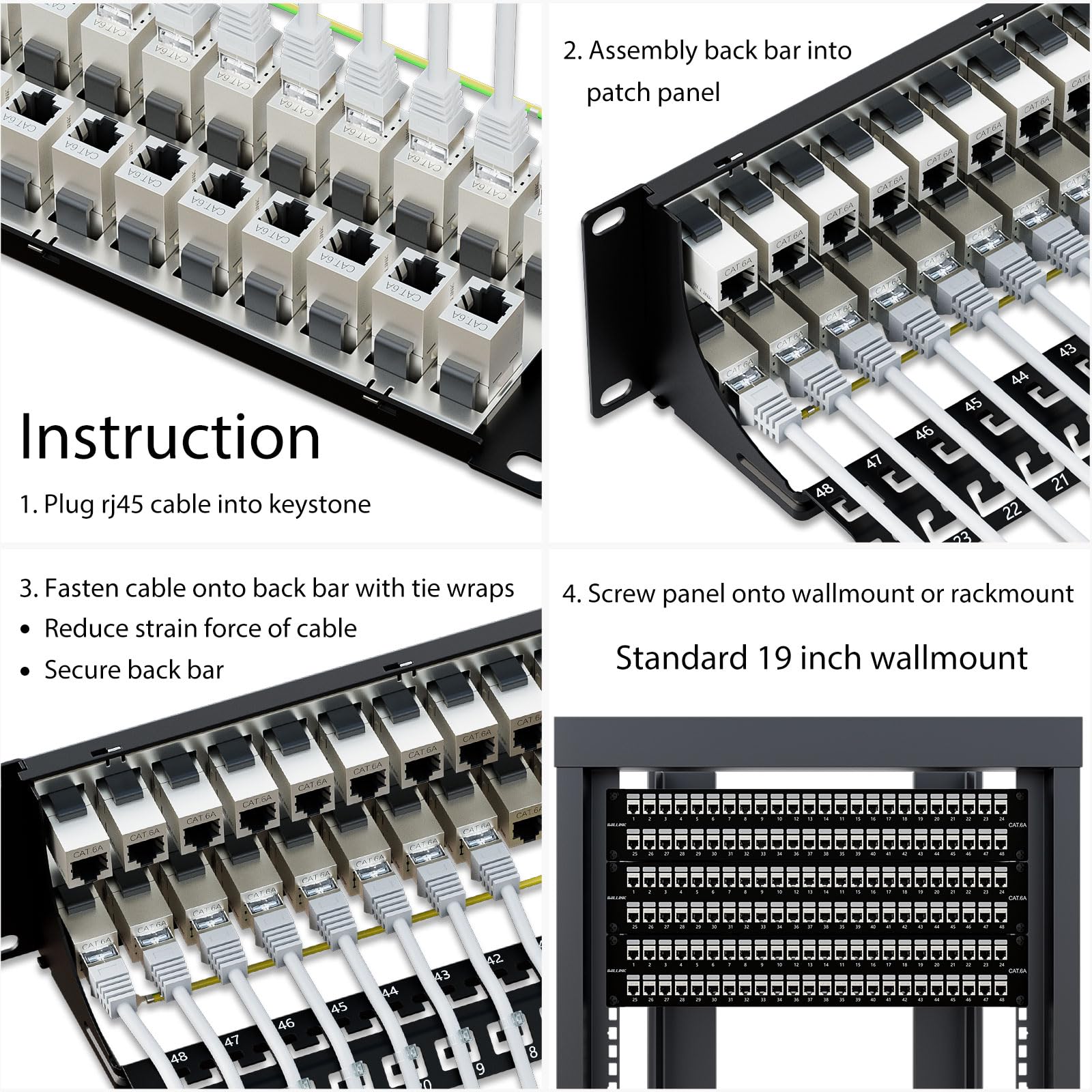 iwillink Panel de conexión de 10 Gbps de 48 puertos, RJ45 blindado a través de Cat6A, paneles de conexión STP de 19 pulgadas 2U con Keystone en línea y barra trasera extraíble