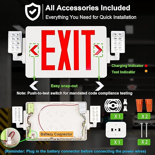 Miniatura 7 de Gruenlich Letrero de salida de emergencia combinado con 2 luces de cabeza ajustables y doble cara, baterías de respaldo, iluminación de salida de