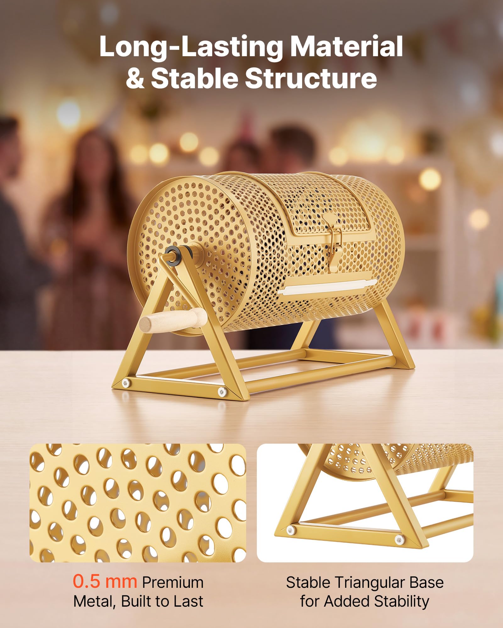 VEVOR Tambour de Tombola, 295x167 mm, Tambour de Loterie avec Poignée, Capacité de 100 Boules ou 2500 Tickets, Support Triangulaire, Boulier de Loto pour Événements, Fêtes, Couleur Or