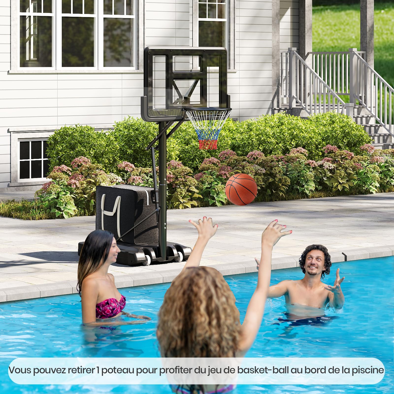 GYMAX Panier Basket Extérieur avec Sac de Poids, Hauteur Réglable 143-305/240-305 cm, pour Enfants Adultes Adolescents, Mobile avec Roues, Base Stable Remplissable