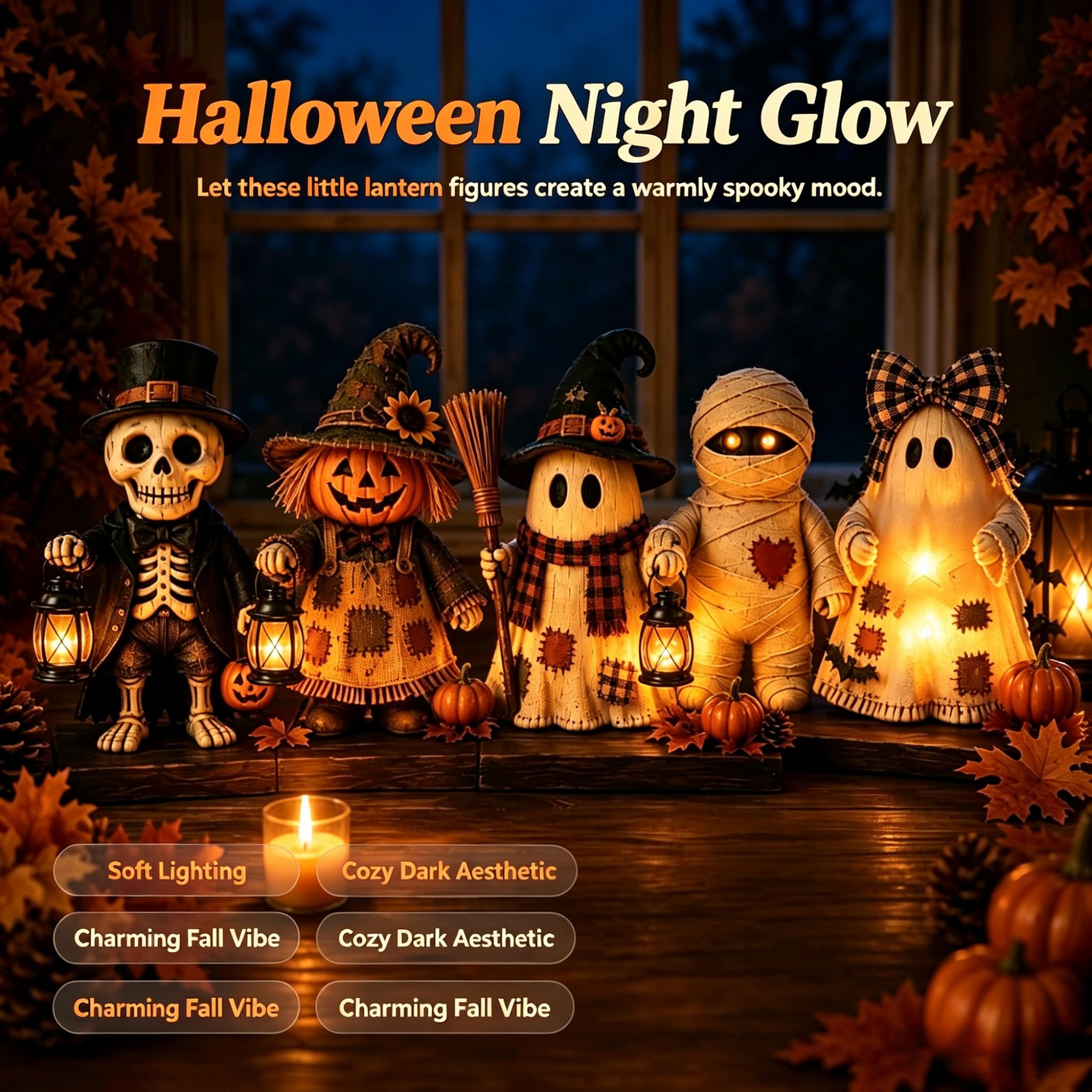 Dekoracje Drewniane Potwory na Halloween | Rustykalna dynia, duch, mumia, szkielet — drewniane figurki z ciepłym światłem na stół, parapet i korytarz