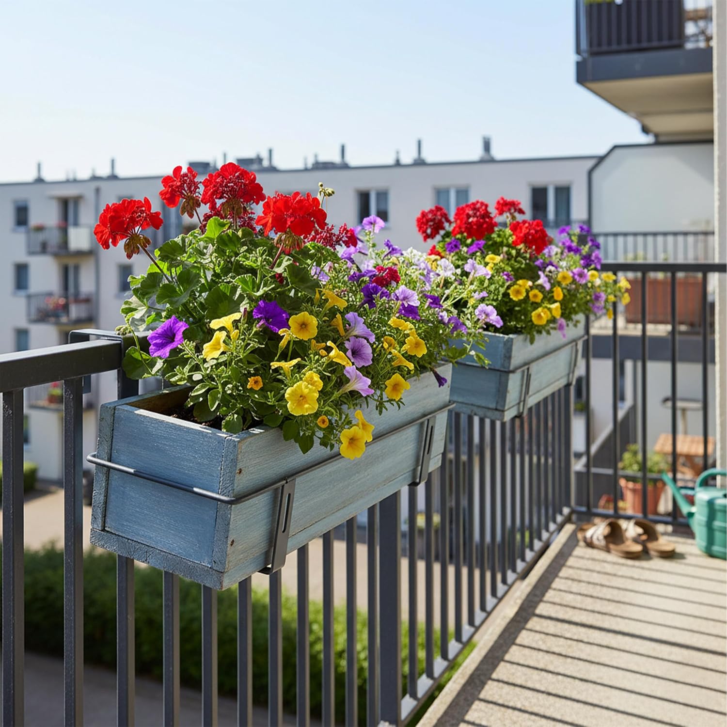 Relaxdays Flower Box Holder, Set of 4, Adjustable, No Drilling, Metal, Balcony Box Holder for Railings, Light Brown