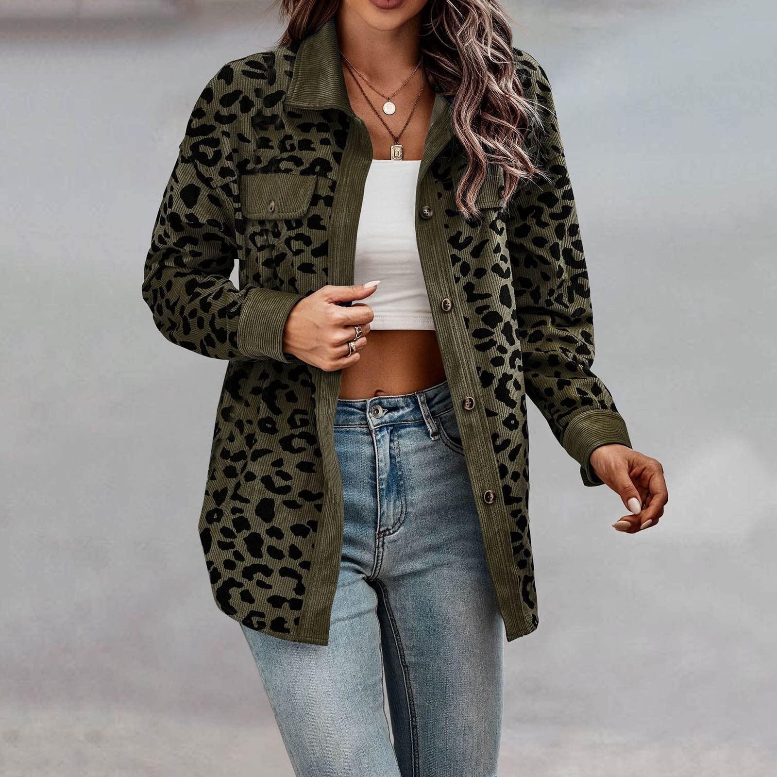 Generisch Damenbekleidung Damen Button-Down-Hemden mit Langen Ärmeln, übergroße Cordhemden mit Leopardenmuster, Lange Ärmel, Jacken, Mäntel mit Taschen Damen Mantel Hochzeit (Army Green, S)