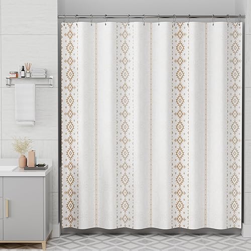 AmazerBath Shower Curtain, Khaki Boho Cloth Shower Curtain with 12 Shower Curtain Hooks, Hotel Quality Washable Rustic Farmhouse Polyester Fabric Bathroom Shower Curtain Sets, 72x72 Inches