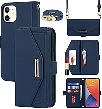 Cavor Case Compatible with iPhone 12/12 Pro Case with Cord, Flip Wallet Leather Case, [5 Card Holders] [Mirror] [Magnetic] [Adjustable Collar] Cover – Blue
