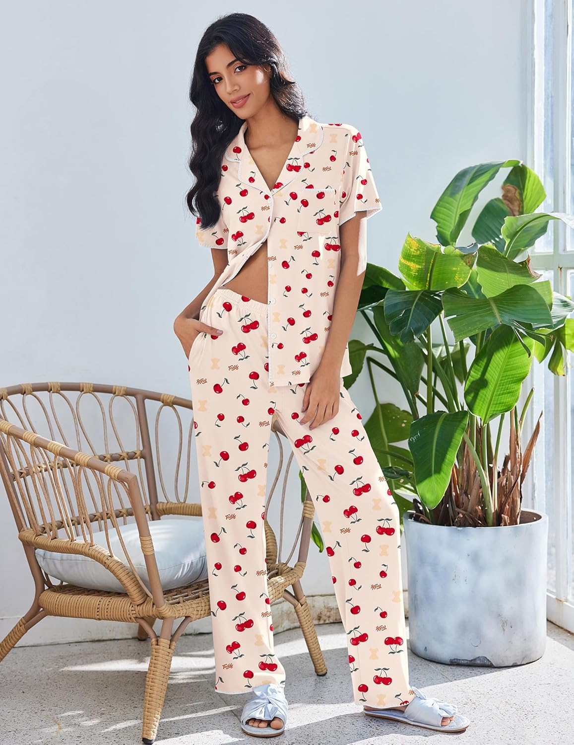 Ekouaer Pajamas for Women Set Button Up Soft Pjs Short Sleeve 2 Piece Lounge Sets Comfy Sleepwear - Image 5