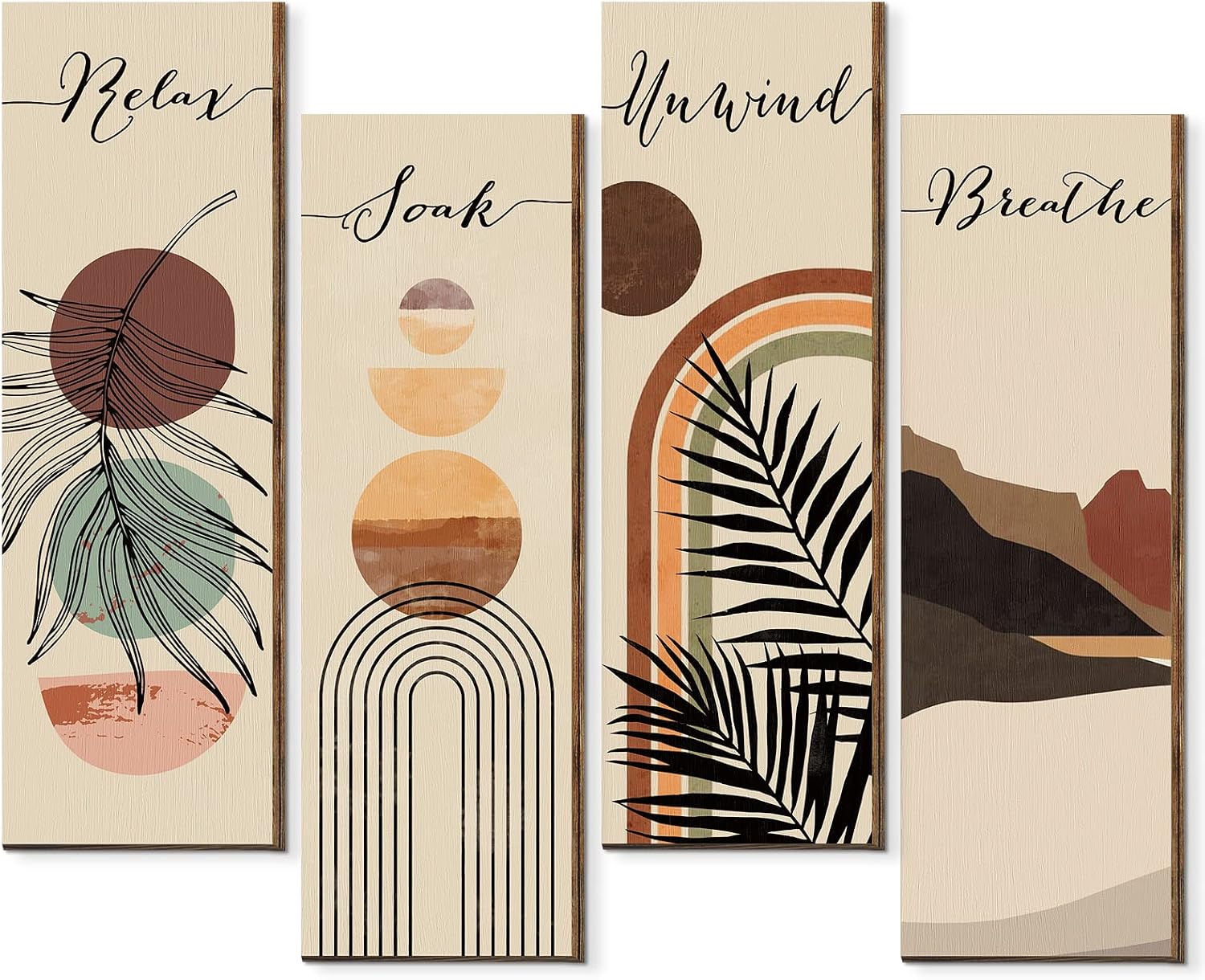 Relax Soak Unwind Breathe Sign Decors Bathroom Wall Arts Abstract Boho Wooden Wall Painting Mid Century Minimalist Botanical Rustic Plaque (11 x 3.5 Inch)