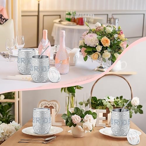 Miniatura 5 de Tanlade Vaso de novia con diamantes brillantes de 12 onzas, con aislamiento para novia, tapa con popote y cepillo, acero inoxidable con diamantes de