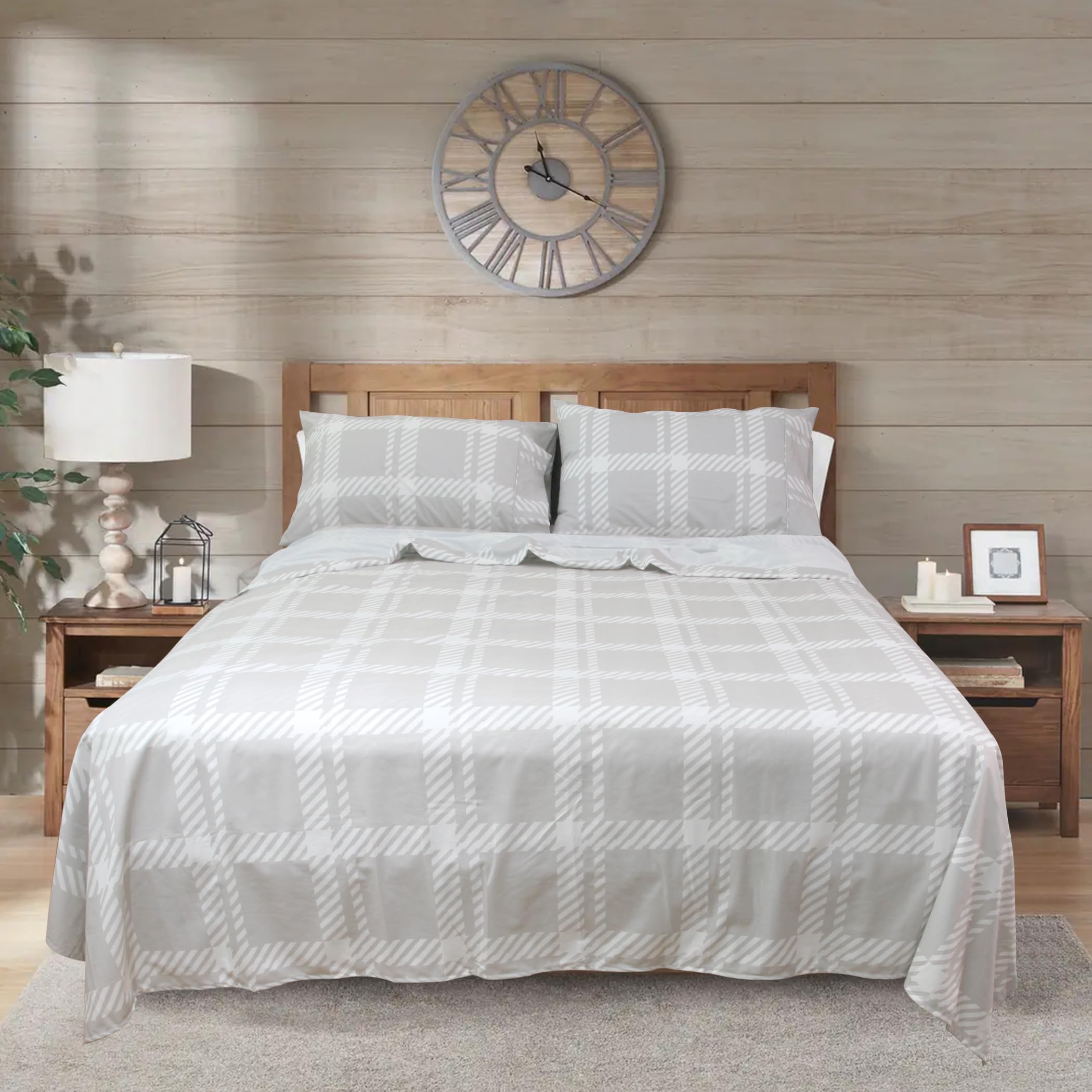 Soft and Cozy Printed Microfiber Flannel Four-Piece Bedding Set for King Size Beds 4-Piece Set-Breathable-Deep Pockets 16 Inches (King, Gray Grid)