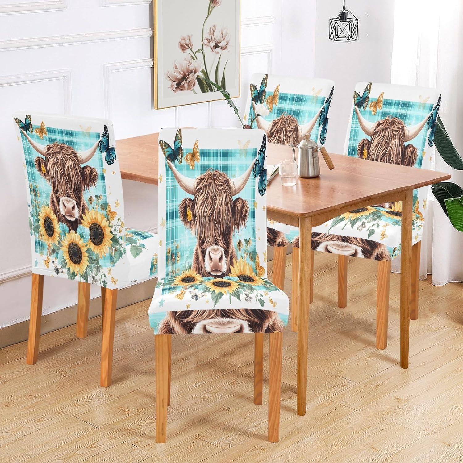 ALAZA Chair Covers for Dining Room, Cow Roses Sunflowers Butterfly Stretch Chair Cover Sets Chair Protector Removable Washable for Ktichen Restaurant Hotel