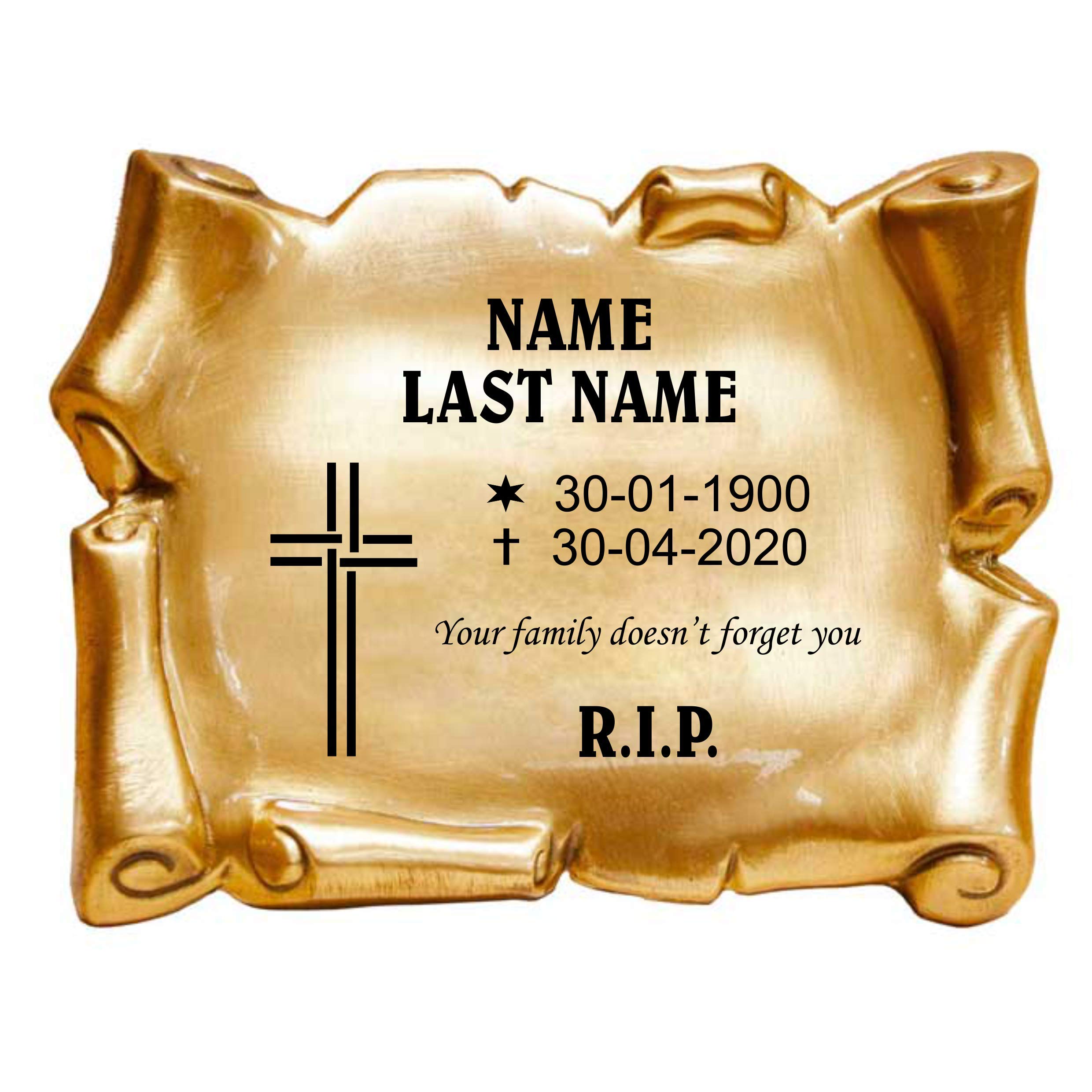 Placa Grabada para Cementerio | Pergamino con Relieve y diseño Cruz | Placa Conmemorativa de Latón con Acabado en Bronce | Tamaño 20 x 15 cm