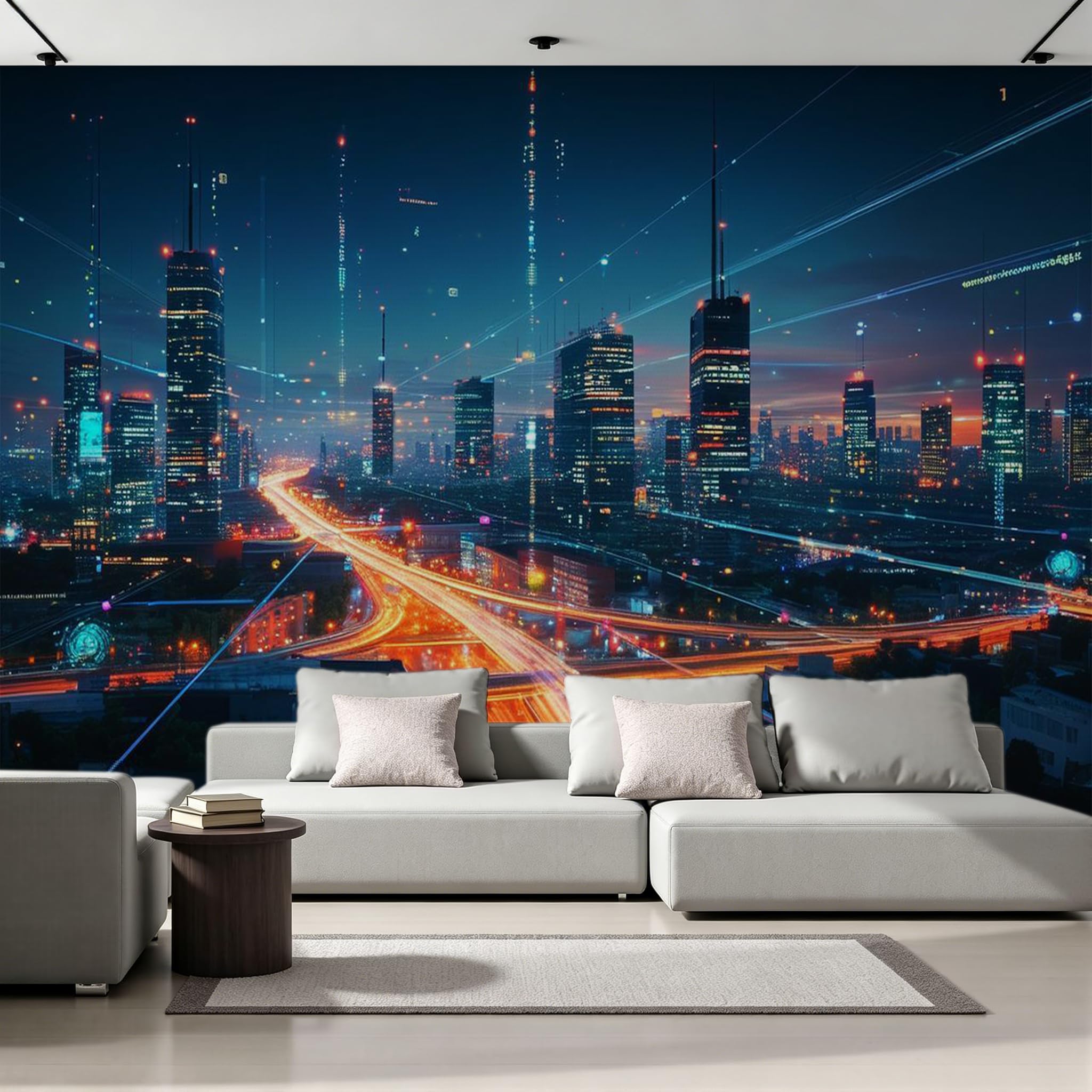 Carta da parati effetto 3D Città Moderna 366x 254 cm Murale Non Tessuto Vista Notturna Fotomurale Stampa HD Moderna Poster Per Soggiorno E Camera Da Letto Design 2M1000