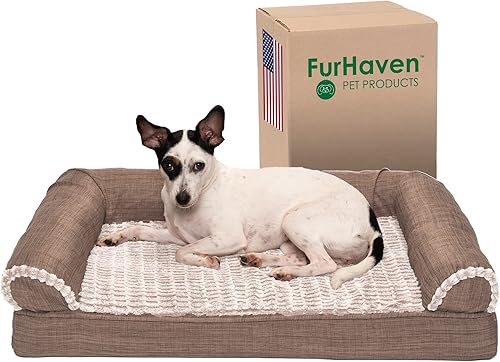 Miniatura 21 de Furhaven Cama para perro, de espuma viscoelástica, estilo sofá, Sherpa y chenilla, café, M (Piel sintética de lujo y lino) Carbón vegetal,(Piel