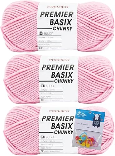 Miniatura 6 de Premier Yarns Basix - Hilo grueso, 3.5 onzas, peso voluminoso #5, paquete con marcadores de puntada Bella's Crafts (acero)