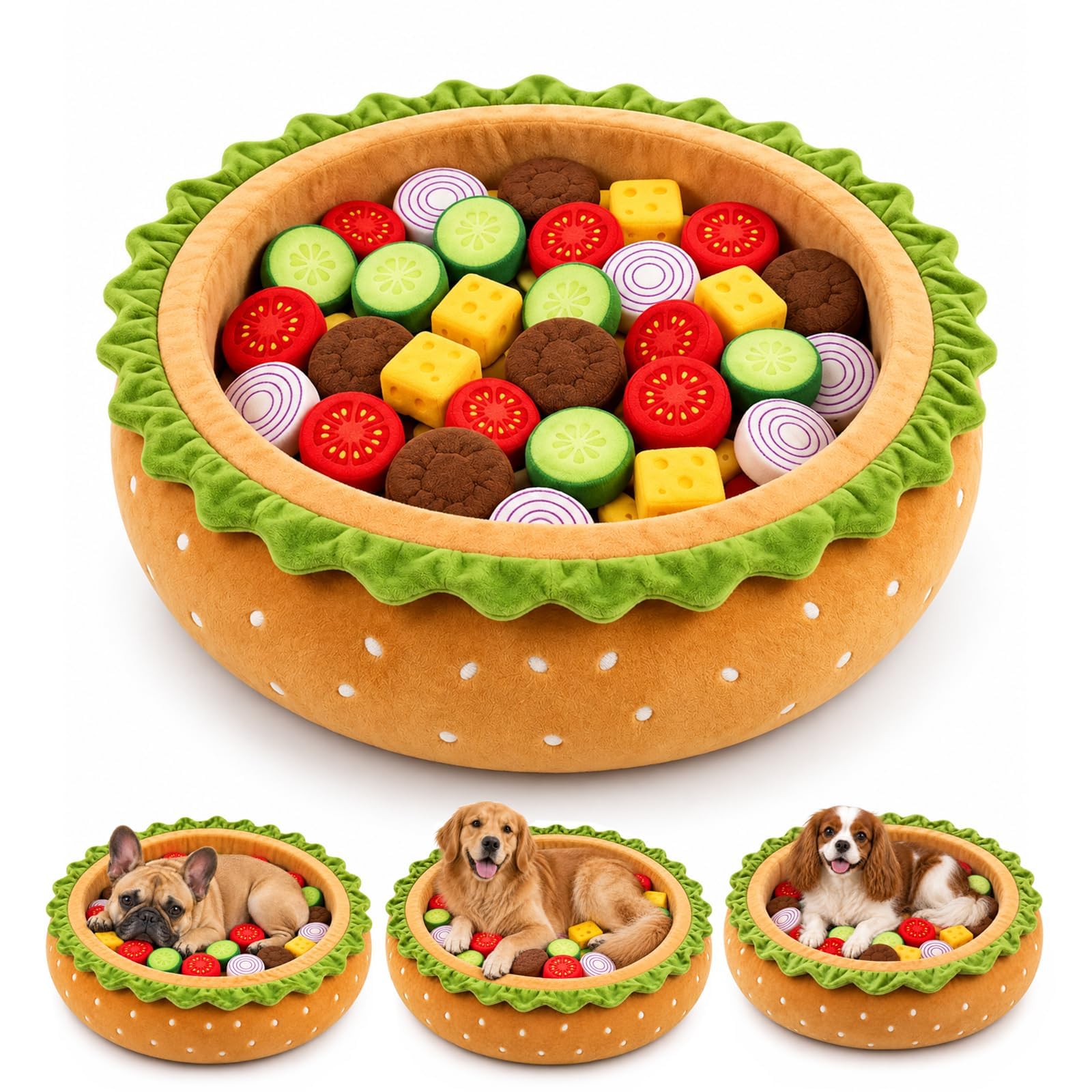 Generisch Hamburger Hundebett, Süßes Interaktives Haustiernest In Hamburgerform (Mit Spielzeug,35CM)